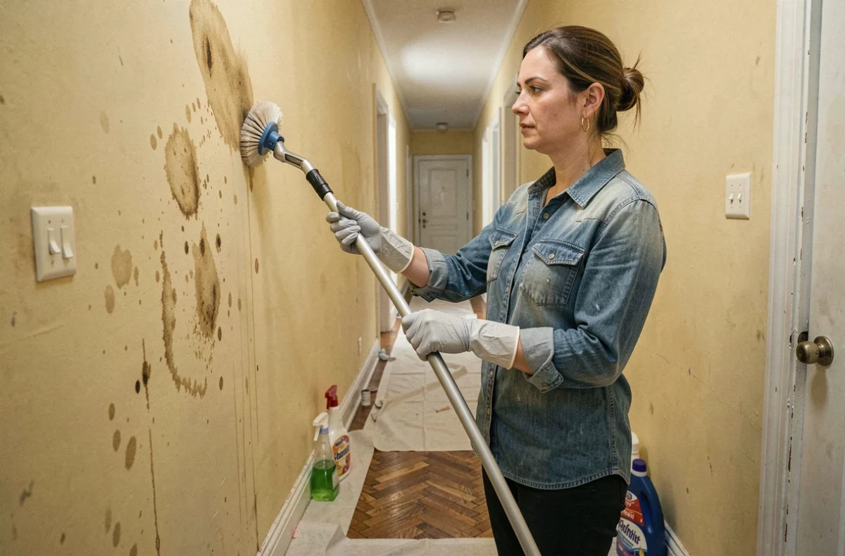 Femme appliquant un produit lessiviel sur un mur jauni et taché dans un couloir avant peinture