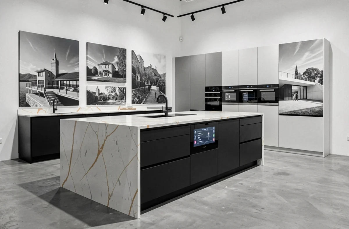 Cuisine design futuriste avec îlot en quartz et façades noires mate exposée dans le studio Limitless