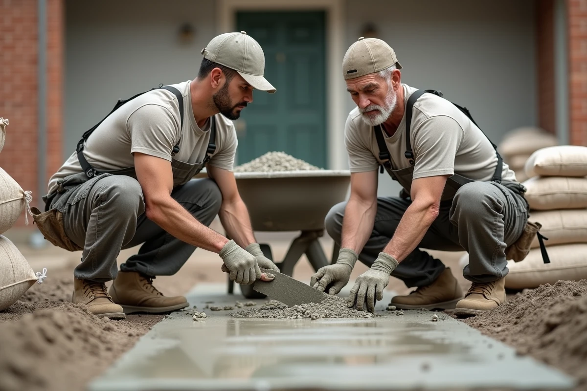 Deux maçons vérifiant le dosage et la consistance d'un béton 350 kg avec mélange sable gravier sur chantier