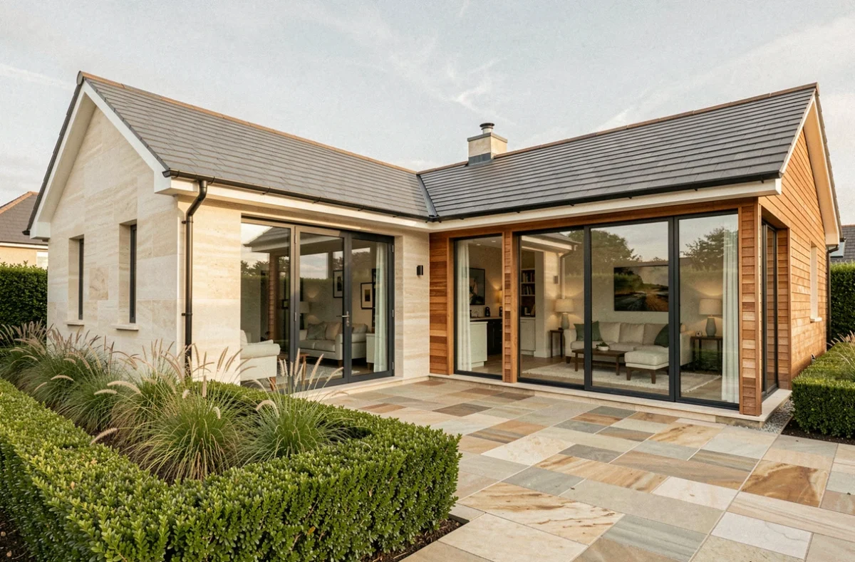 Maison en L moderne à 4 chambres avec façade en enduit clair et bardage bois, orientée plein sud pour optimiser l'apport de lumière naturelle
