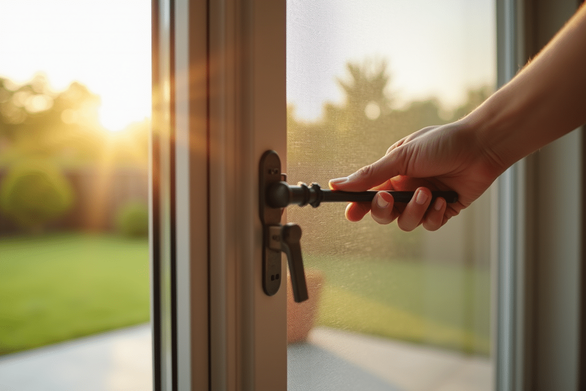 Main glissant moustiquaire sur porte patio en lumière du matin