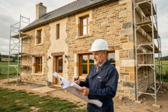 Entrepreneur en rénovation devant une maison en pierre vendéenne avec échafaudages et plans de travaux