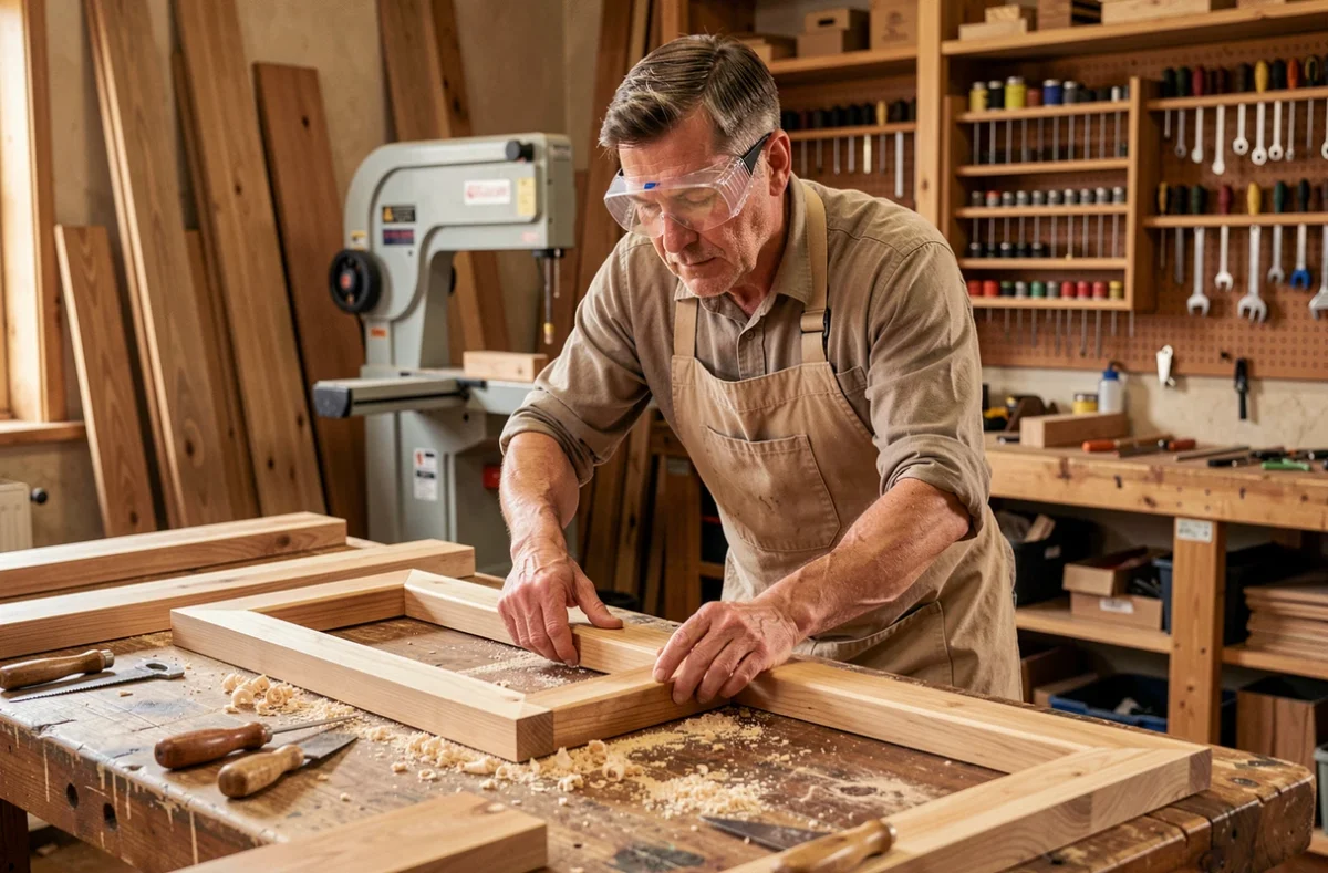 Artisan menuisier de MENUISERIE HB découpant un cadre de fenêtre en bois dans son atelier de menuiserie