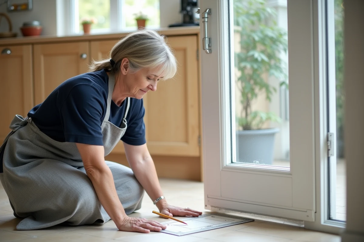 Femme mesurant l'emplacement d'une chatière sur une porte PVC blanche dans une cuisine