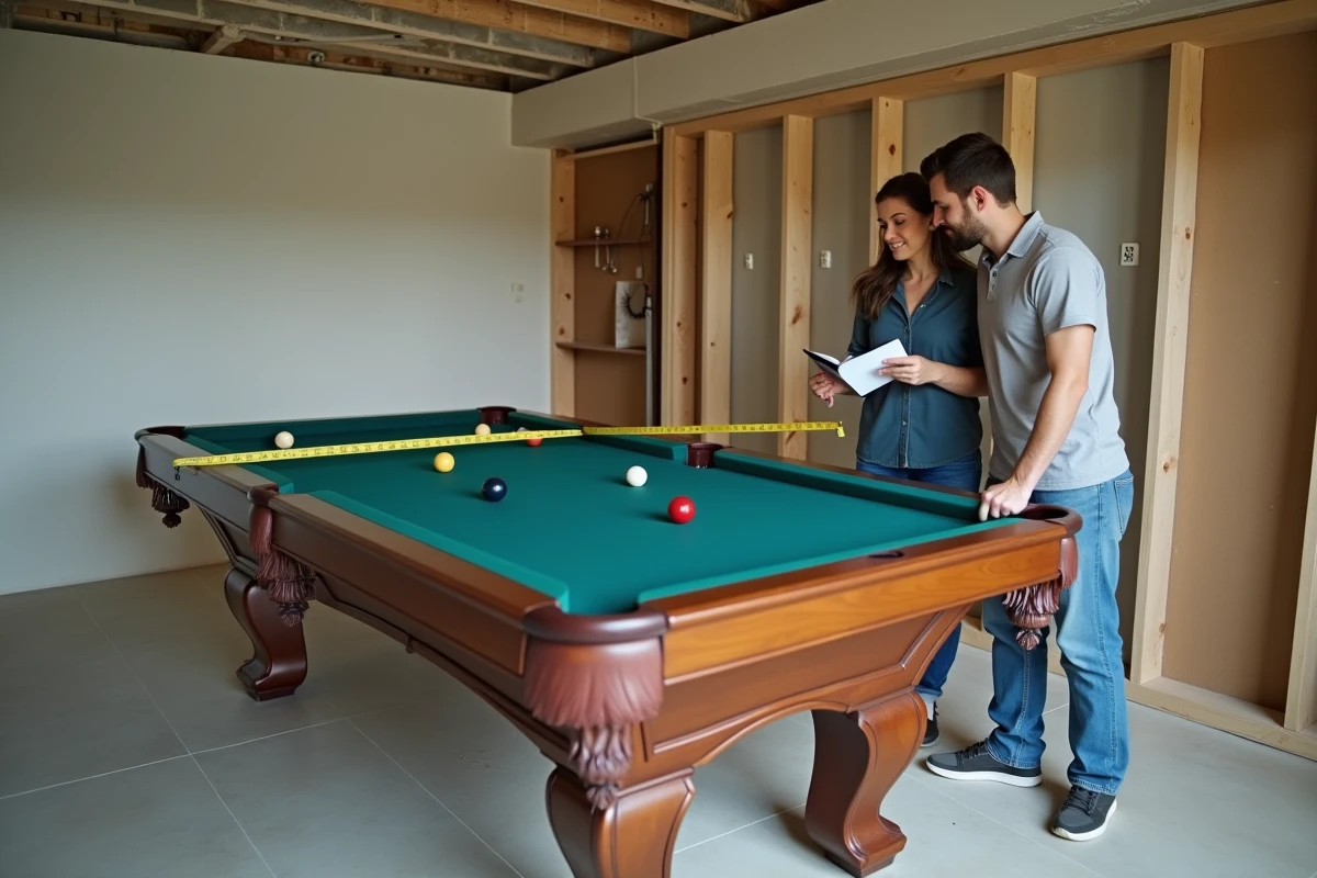 Couple mesurant l'espace nécessaire autour d'une table de billard américain dans un sous-sol en cours d'aménagement