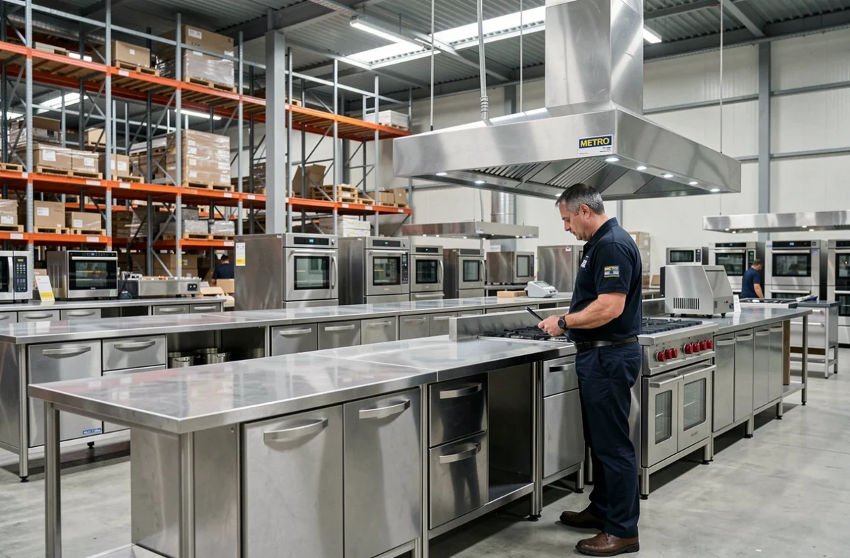 Rayon équipement cuisine professionnel dans le magasin METRO de Charleville-Mézières avec des unités en inox exposées