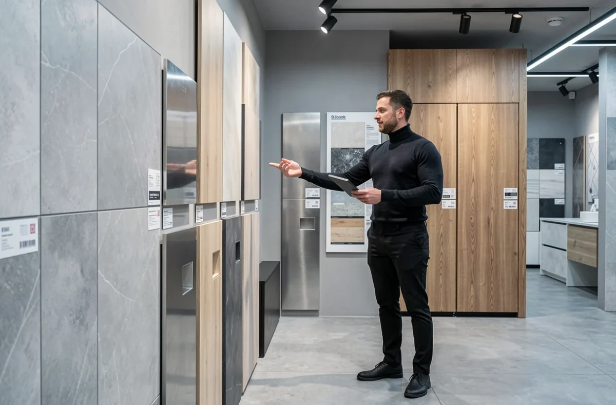Consultant en showroom de rénovation moderne présentant des matériaux à un client, représentant Modus