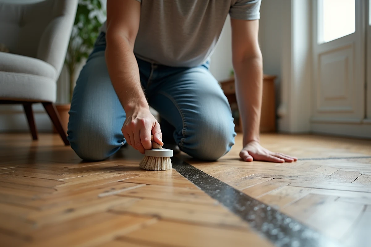Personne en train de nettoyer les joints noircis d'un parquet en point de Hongrie dans un appartement parisien avec une brosse et un produit nettoyant