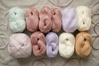 Nuancier de pelotes Bebecolor Lang Yarns en teintes pastel disposées en flat lay sur lin brut