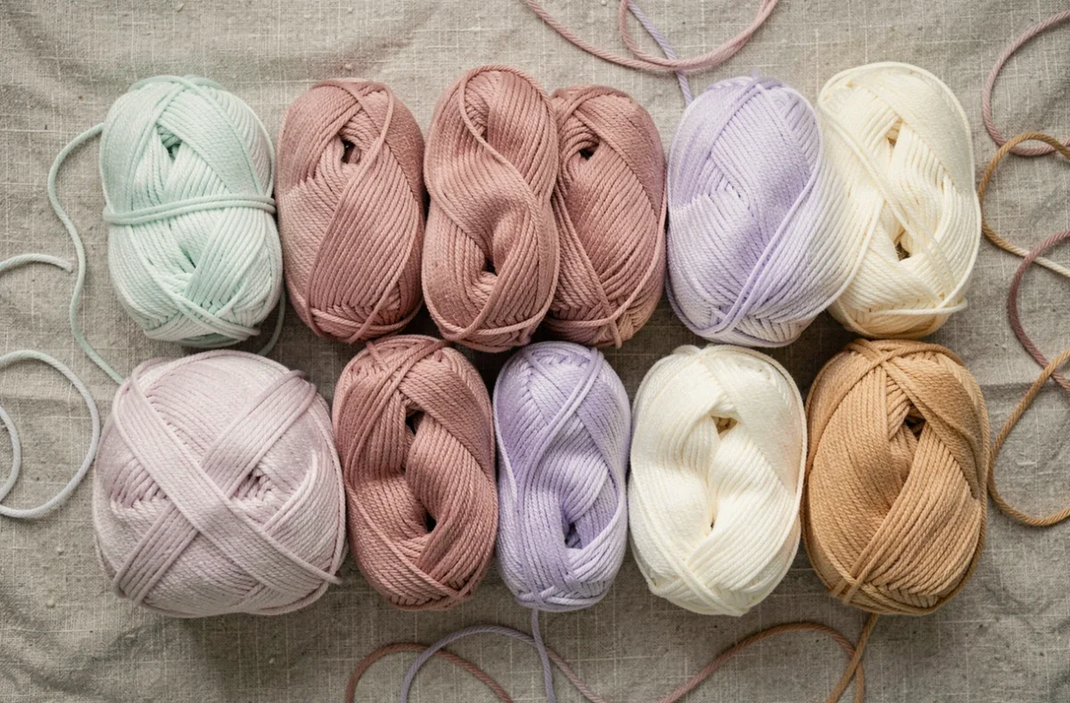 Nuancier de pelotes Bebecolor Lang Yarns en teintes pastel disposées en flat lay sur lin brut