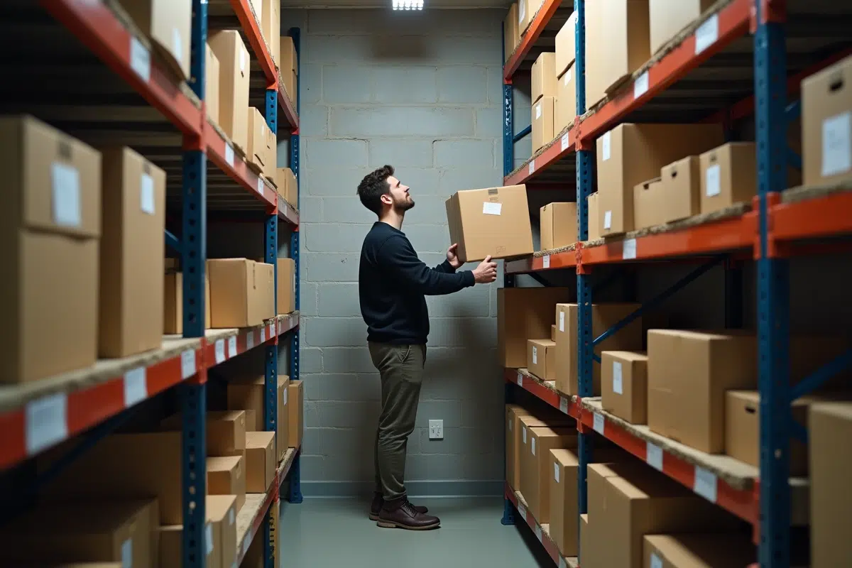 Jeune homme organisant des cartons dans un espace de stockage