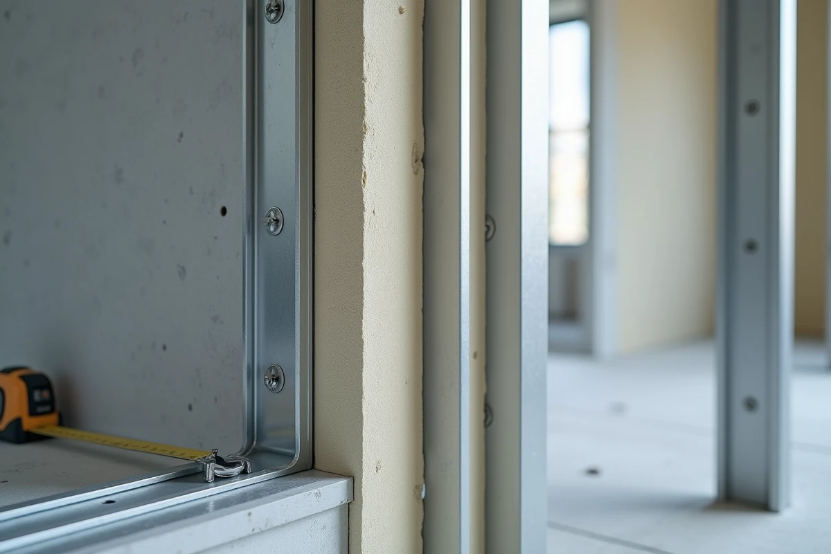 Détail d'une ossature métallique avec panneau isolant rigide posé entre les montants sur un mur intérieur en béton