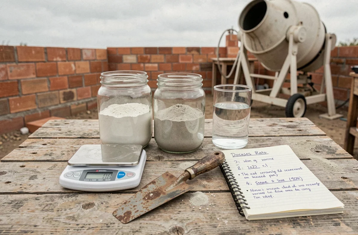 Outils et matériaux dosés pour chape mortier posés sur un établi de chantier avec carnet de dosages
