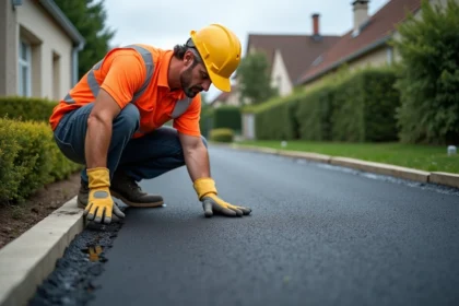 Ouvrier inspectant une surface en enrobé drainant posé sur une allée résidentielle