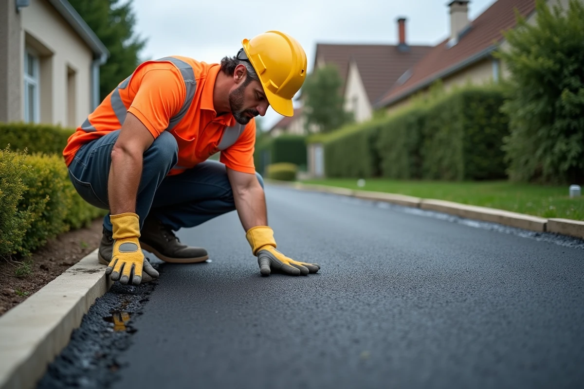Ouvrier inspectant une surface en enrobé drainant posé sur une allée résidentielle