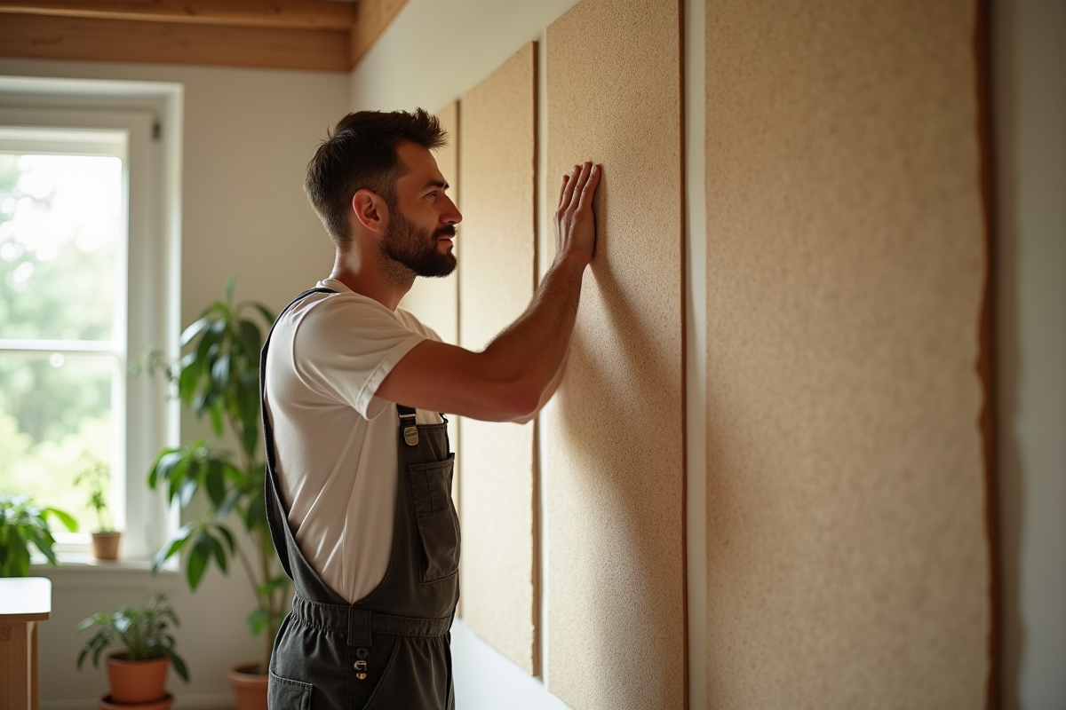 Ouvrier installant des panneaux en chanvre dans un salon lumineux