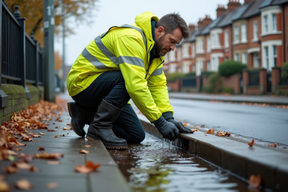 Homme municipal vérifiant un drain urbain en automne