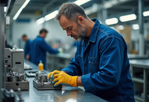 Marque Parkside : Découvrez le fabricant derrière cette enseigne de qualité ! Ouvrier en bleu assemble une pièce précise en usine moderne