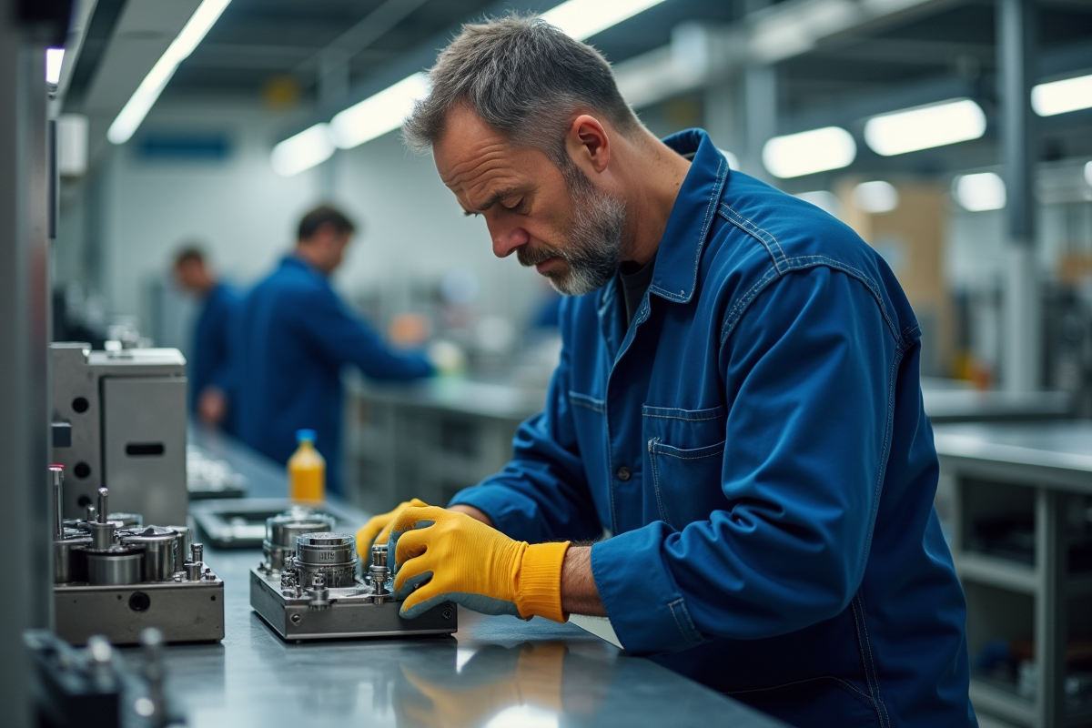 Ouvrier en bleu assemble une pièce précise en usine moderne
