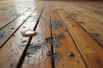 Gros plan sur un parquet en chêne avec des joints noircis et incrustés de saleté, contraste marqué entre le bois clair et les rainures sombres