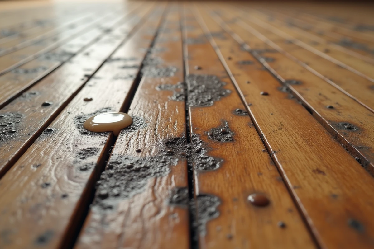 Gros plan sur un parquet en chêne avec des joints noircis et incrustés de saleté, contraste marqué entre le bois clair et les rainures sombres