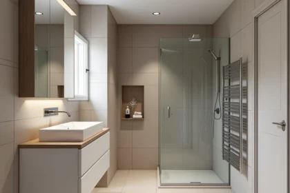 Plan 3D de petite salle de bain moderne avec douche à l'italienne, meuble vasque suspendu et grands carreaux pour agrandir l'espace visuellement