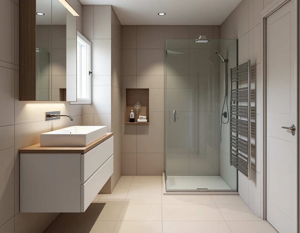 Plan 3D de petite salle de bain moderne avec douche à l'italienne, meuble vasque suspendu et grands carreaux pour agrandir l'espace visuellement