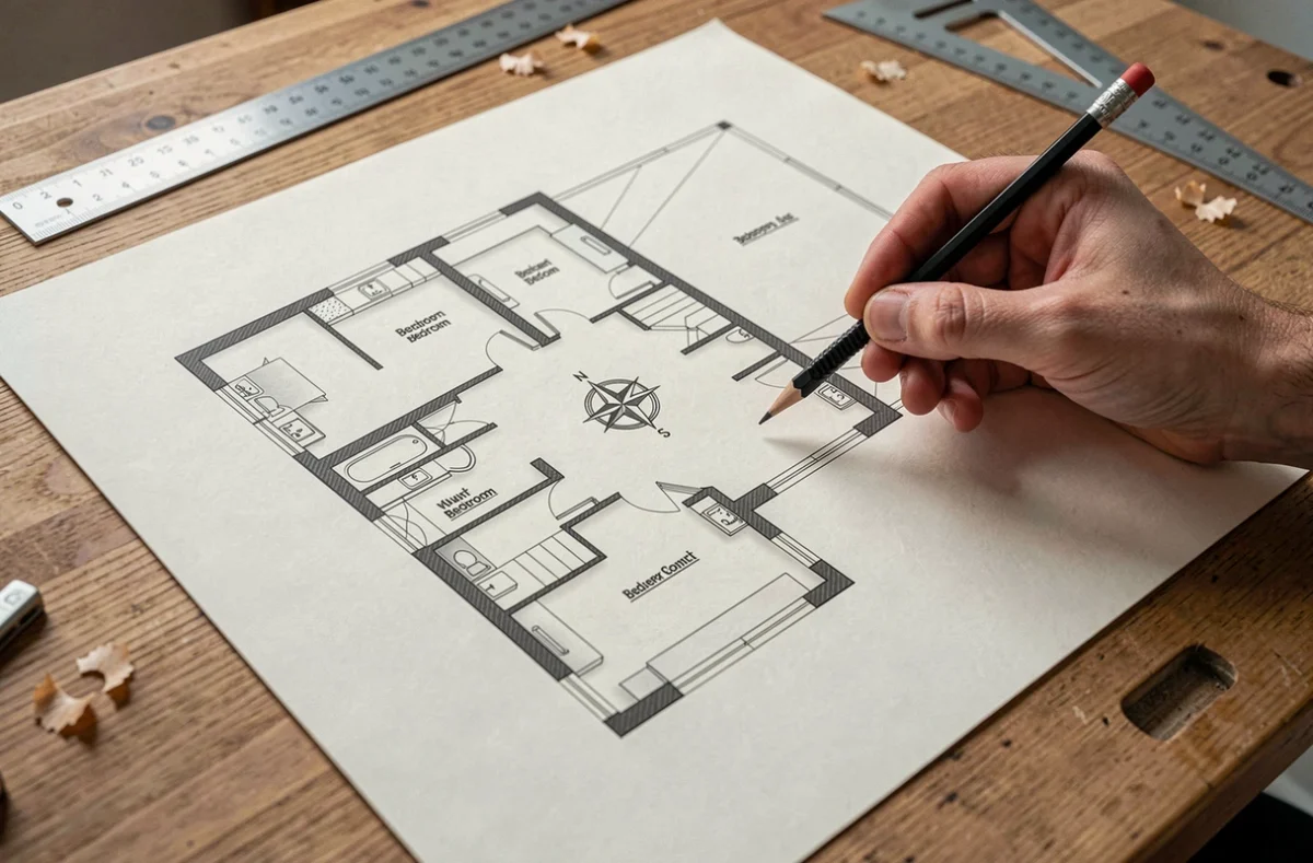 Plan architectural en L pour maison 4 chambres posé sur une table à dessin, avec boussole d'orientation et outils de conception