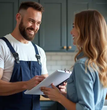 Plombier homme avec certificats dans une cuisine moderne