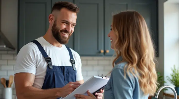 Plombier homme avec certificats dans une cuisine moderne
