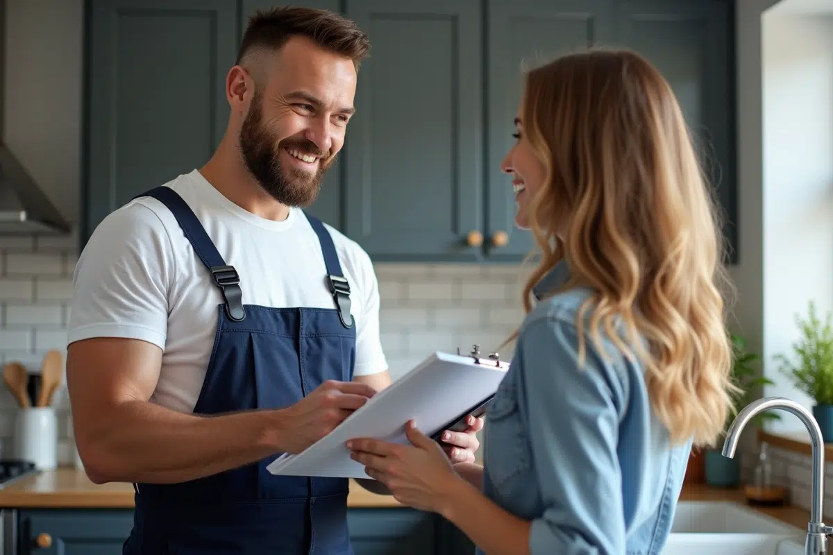 Plombier homme avec certificats dans une cuisine moderne