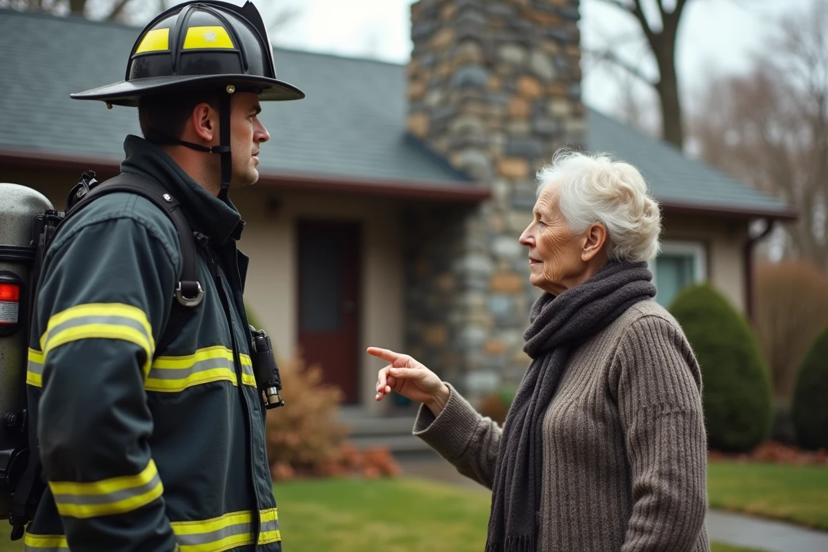 Pompiers parlant avec une femme devant une maison avec cheminée