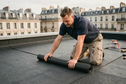 Professionnel posant une membrane bitumineuse sur un toit terrasse plat en milieu urbain