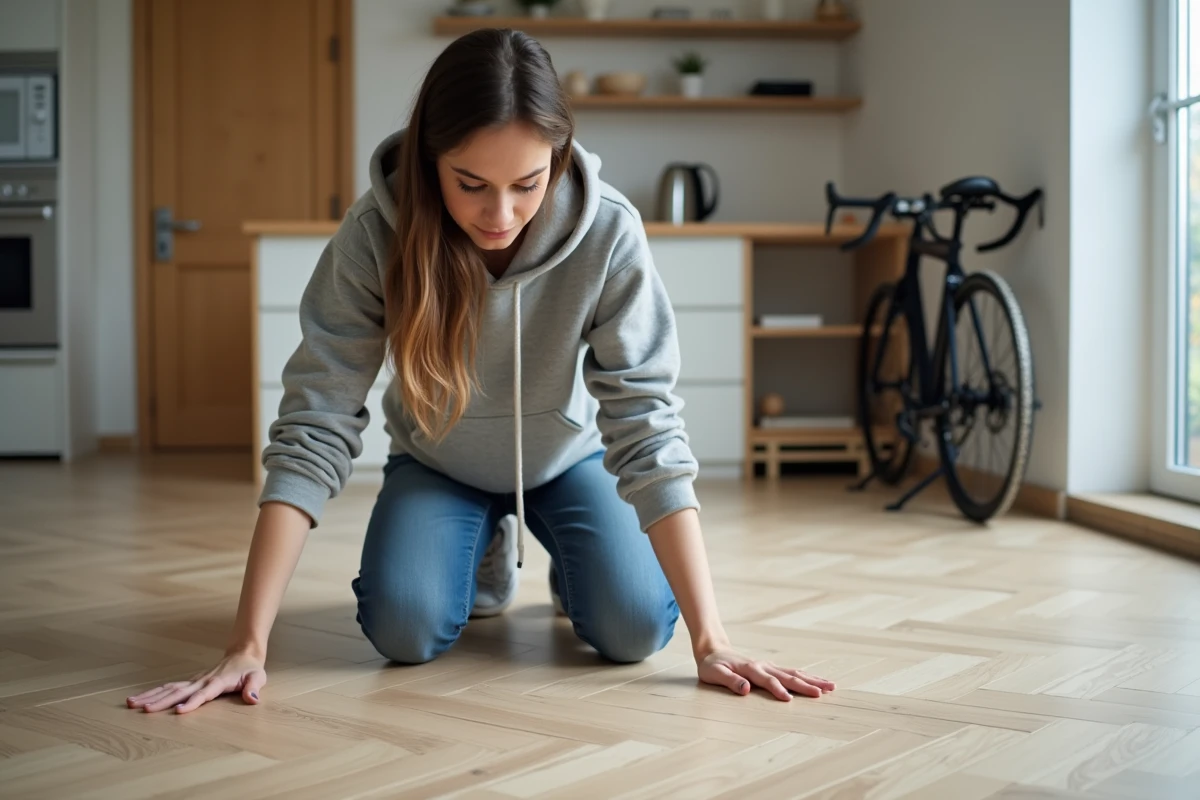 Jeune femme installant un sol PVC vinyle dans un petit studio étudiant urbain