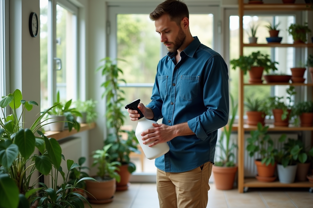 Jeune homme préparant un spray de bicarbonate pour plantes