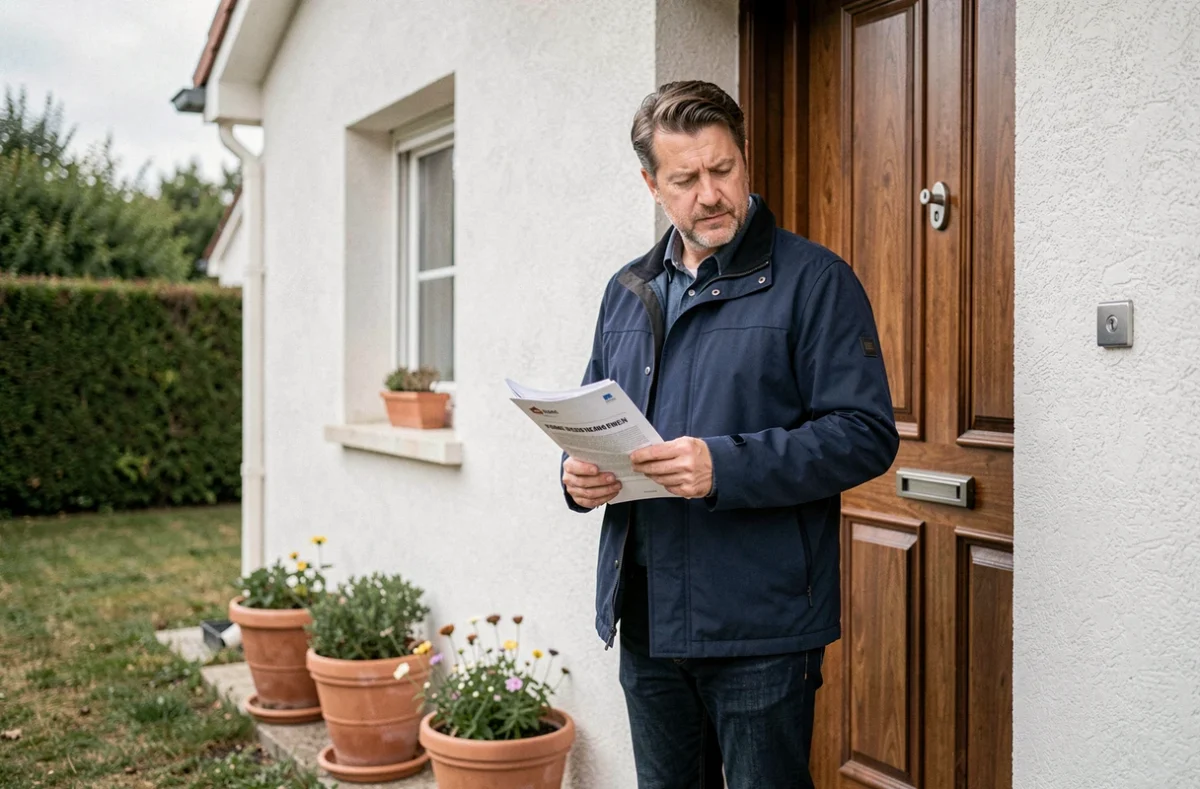 Propriétaire devant sa maison examinant les garanties de son assurance habitation