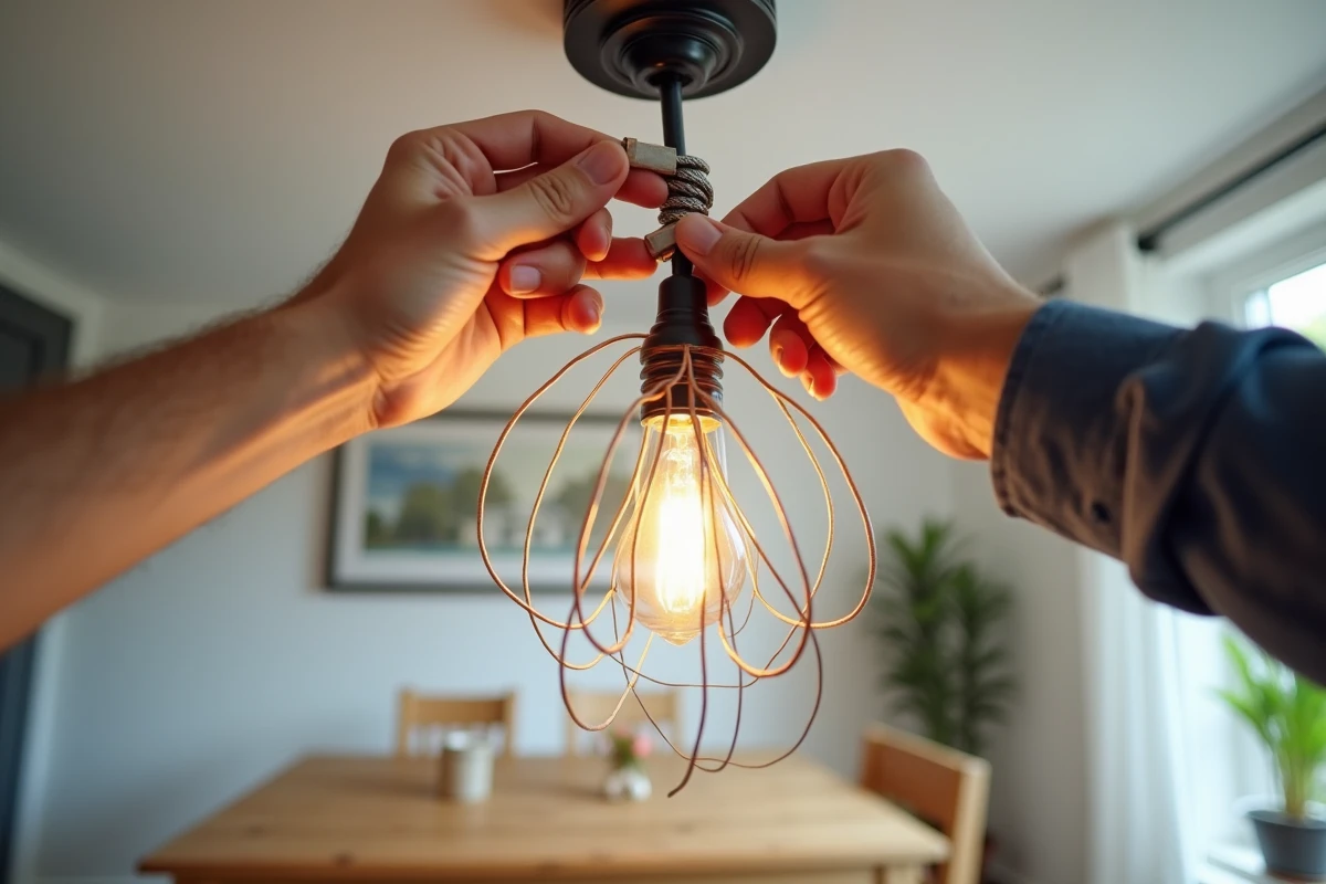 Gros plan de mains raccordant les fils électriques d'un luminaire araignée au boîtier de plafond
