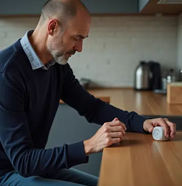 Homme d'âge moyen changeant la batterie d'un minuteur de cuisine