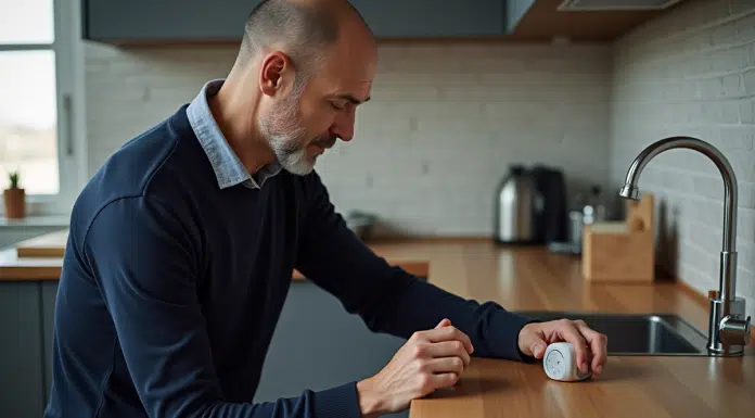 Homme d'âge moyen changeant la batterie d'un minuteur de cuisine