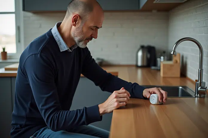 Homme d'âge moyen changeant la batterie d'un minuteur de cuisine