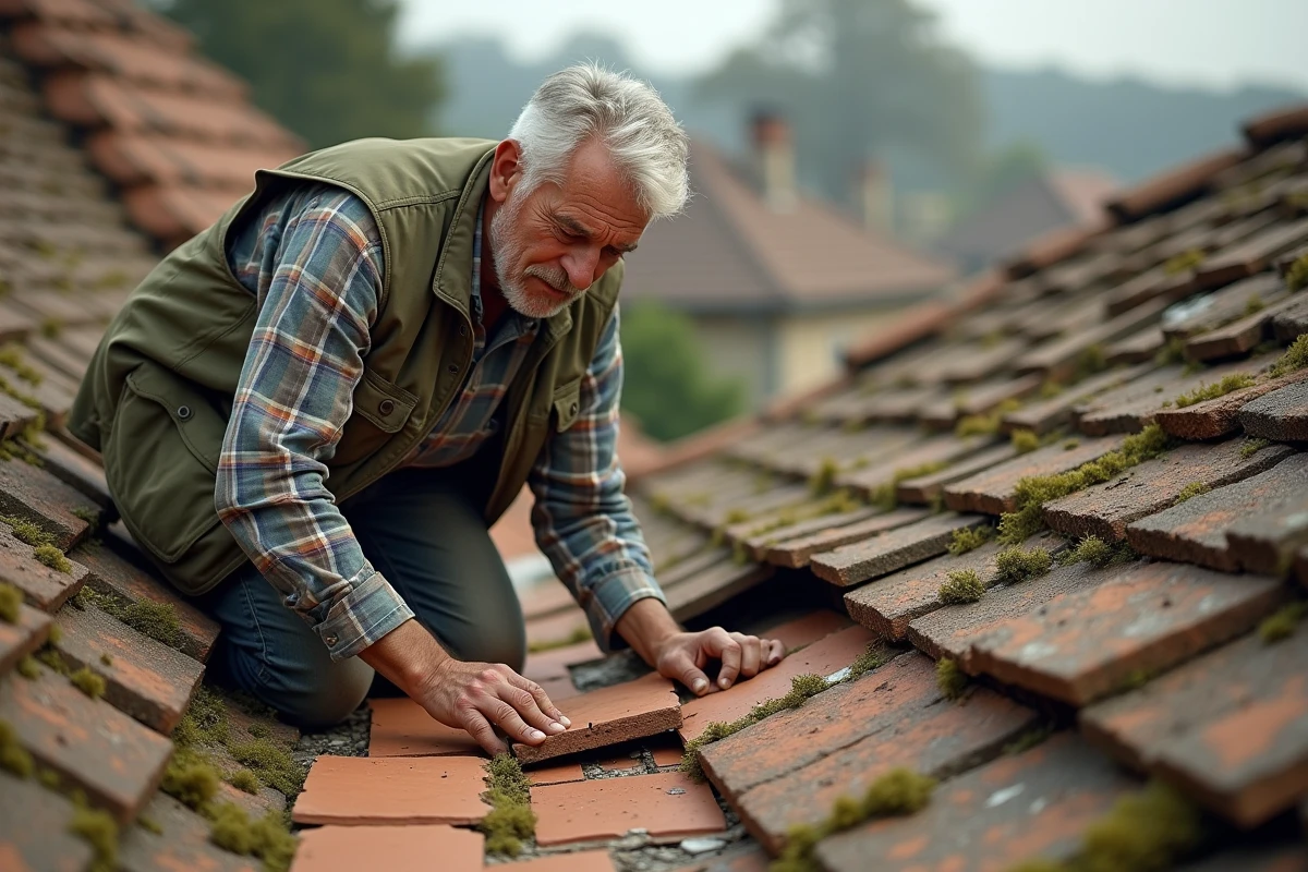 Artisan couvreur en train de rénover une ancienne toiture en tuiles plates sur une maison de campagne française