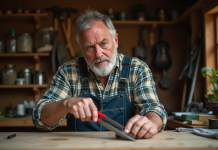 Graisser outils jardin : astuces et conseils simples pour entretenir efficacement Homme en salopette appliquant de l'huile aux sécateurs