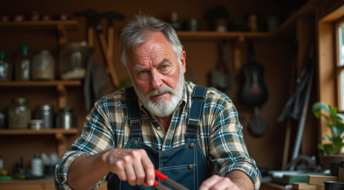 Homme en salopette appliquant de l'huile aux sécateurs