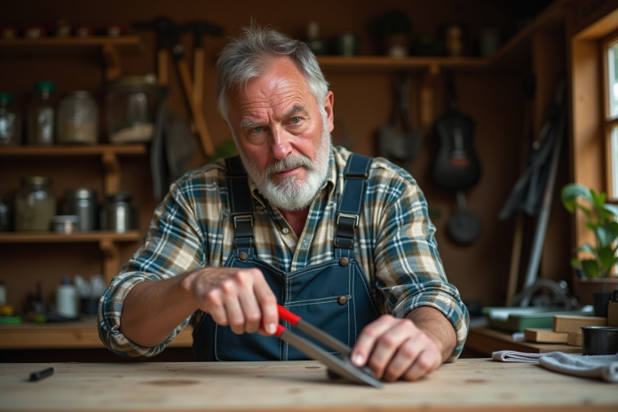 reparateur-outils-jardin Homme en salopette appliquant de l'huile aux sécateurs