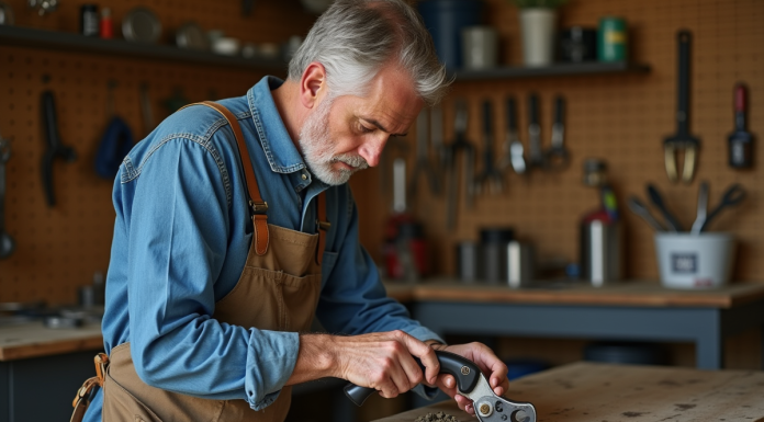 Homme appliquant de l'huile sur un sécateur en atelier