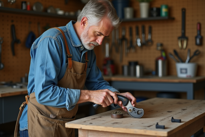 Homme appliquant de l'huile sur un sécateur en atelier