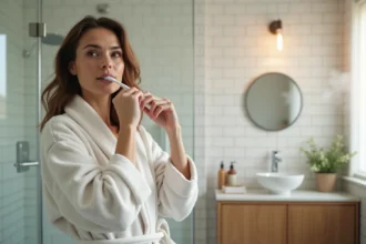Femme en peignoir qui se brosse les dents pendant que la douche coule inutilement dans une salle de bain moderne