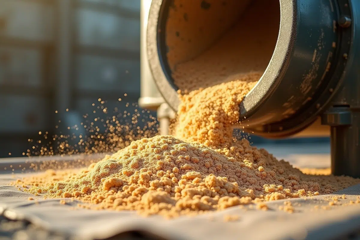 Sable humide versé sur une bâche avec pièces de filtre en détail