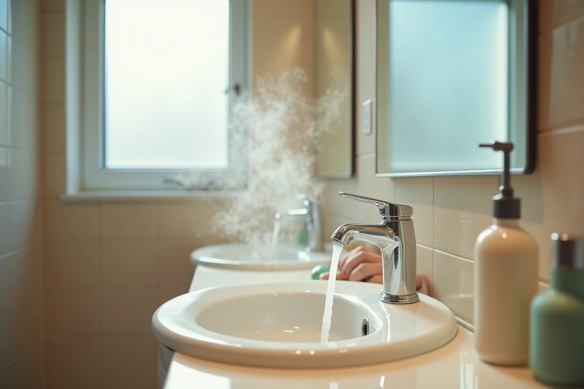Plan large d'une salle de bain avec robinet ouvert et produits de beauté éparpillés illustrant une routine matinale gourmande en eau