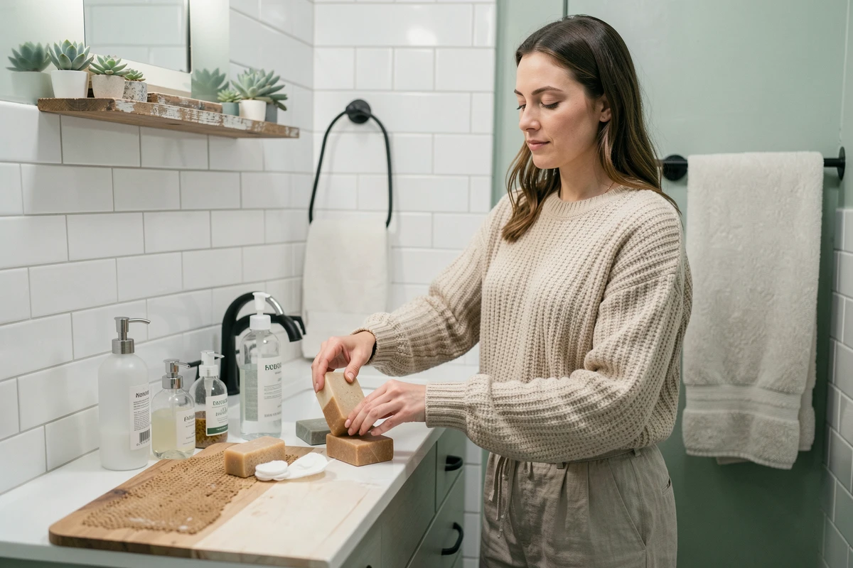 Femme remplaçant des produits plastiques par des alternatives durables dans une salle de bain zéro déchet